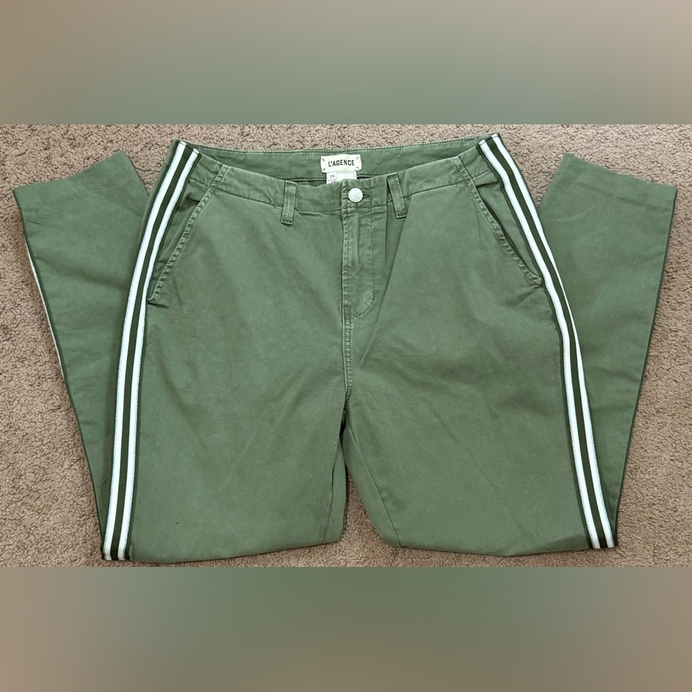 L'Agence Jem Brigade Denim Cropped Trouser Side Stripe Pant, Green - Size 29